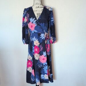 Eliza J Navy Wrap Midi Dress with Pink and Cream Floral Print - Only Worn Once!